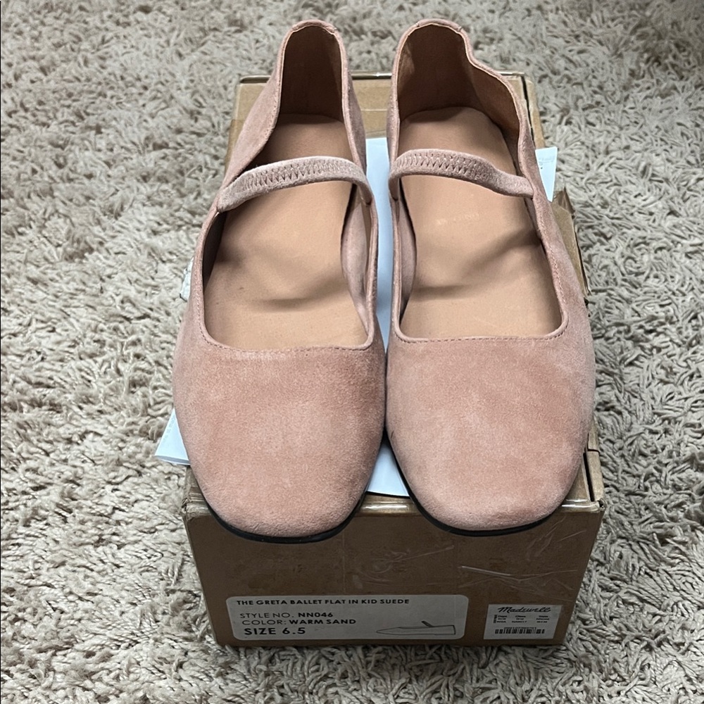 Madewell Greta Ballet Flat in Kid Suede, Color is Warm Sand, Size 6.5.